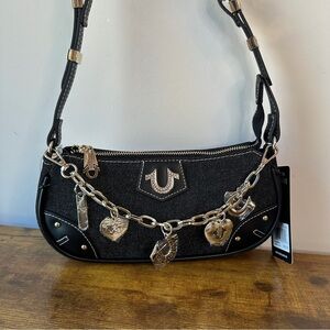 New True Religion Black Denim Horseshoe Gold Chain Charm Shoulder Handbag Cute